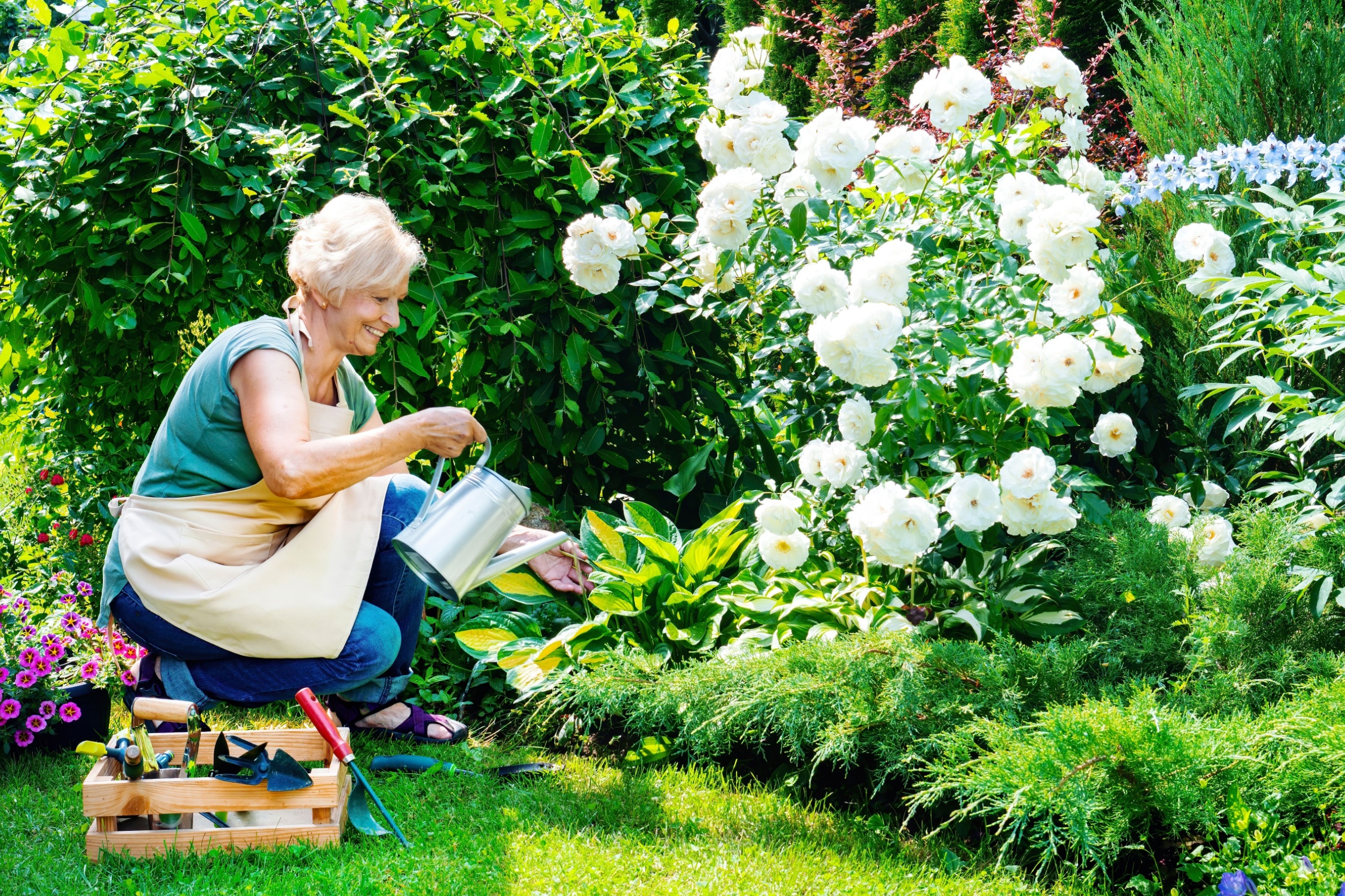 A woman tending to a garden.