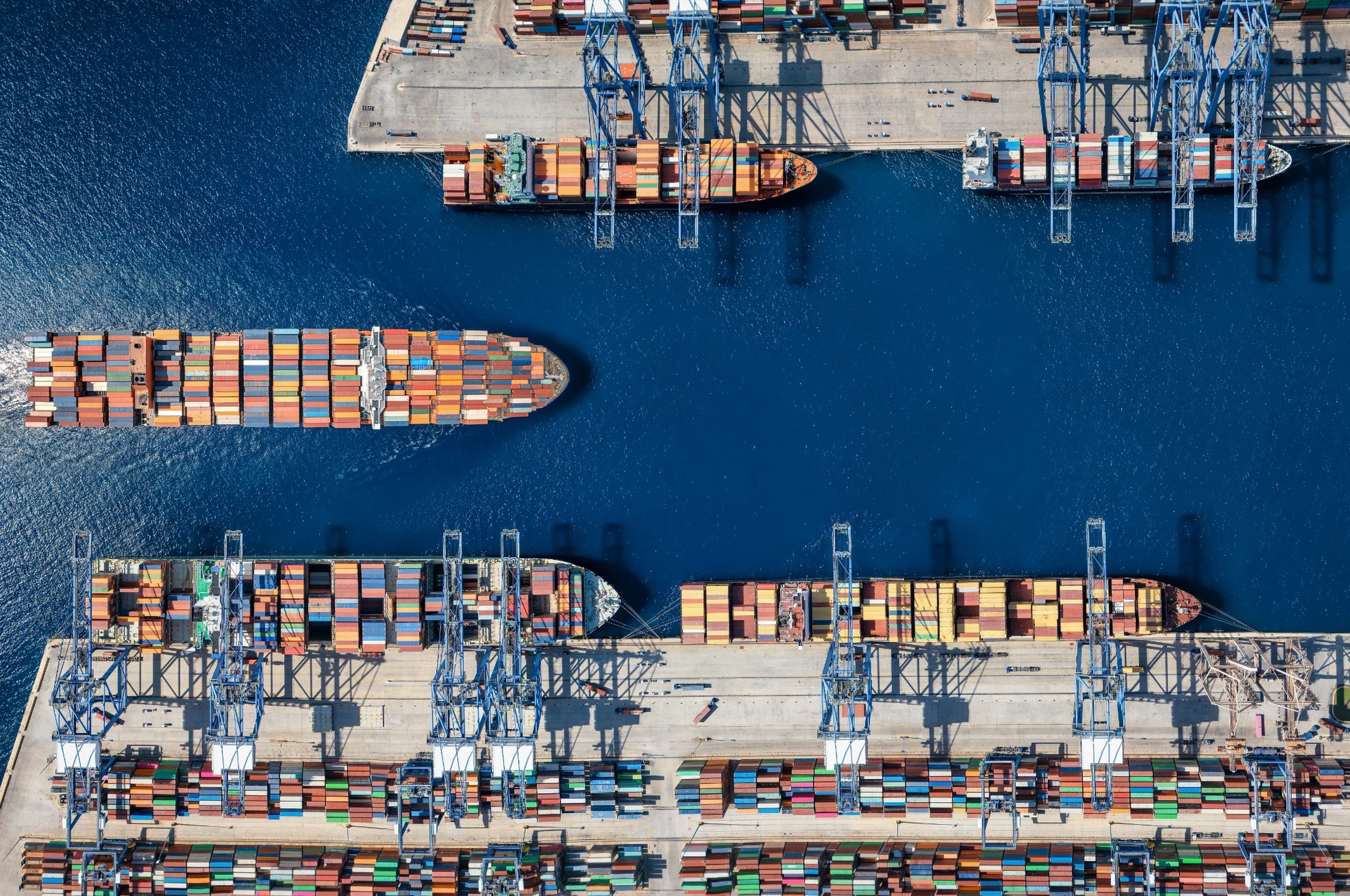 An aerial view of a cargo ship harbour.